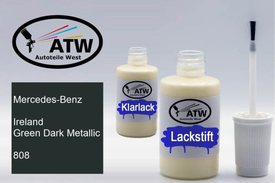 Mercedes-Benz, Ireland Green Dark Metallic, 808: 20ml Lackstift + 20ml Klarlack - Set, von ATW Autoteile West.